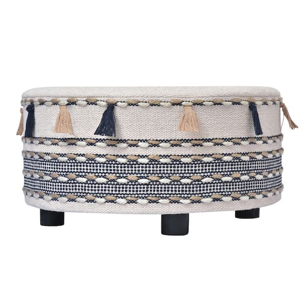LR Home Ox Bay Handmade Blue/Cream Striped Organic Cotton Ottoman