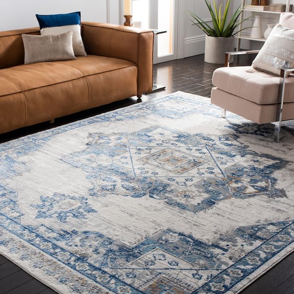 Shivan 9 ft. x 12 ft. Ivory/Blue Medallion Distressed Area Rug
