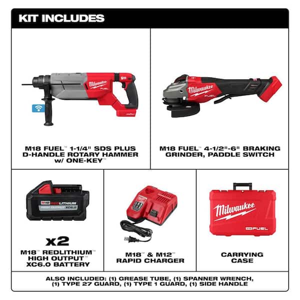 M18 FUEL 18V Lith-Ion Cordless 1-1/4 in. SDS-Plus Rotary Hammer w/(2) 6.0 Ah Batteries & 4-1/2 in./6 in. Braking Grinder