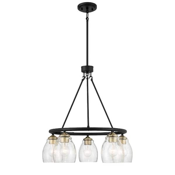 Minka Lavery Winsley 5-Light Black and Stained Brass Candle Style Chandelier with Clear Seeded Glass Shades