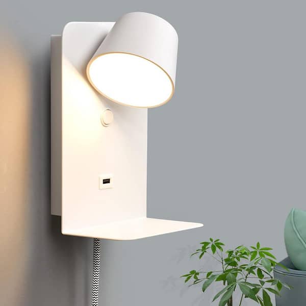 Industrial 5.5 in. 1 Light White LED Plug in Wall Sconces with USB Port and Shelf, Rotatable Lamphead, 7W 2800K