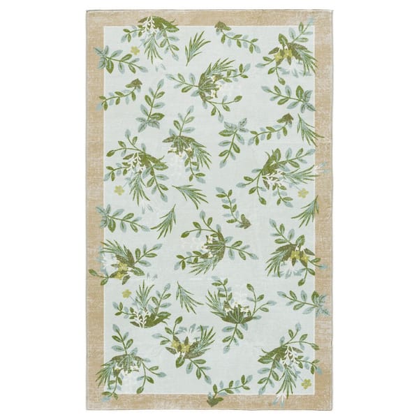 SAFAVIEH Martha Stewart Washable Taupe/Green 4 ft. x 6 ft. Machine Washable Botanical Border Area Rug