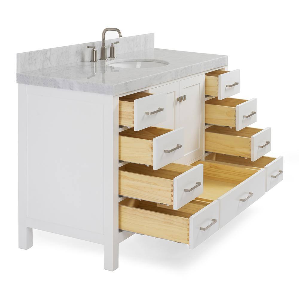 Cambridge 54" White Wood Freestanding Bathroom Vanity with Carrara Marble Top