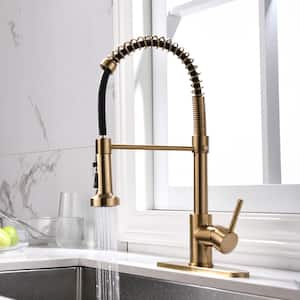 Commercial Single-Handle Pull-Down Sprayer Kitchen Faucet with 3-Function Spray Head in Brushed Gold with Deck Plate