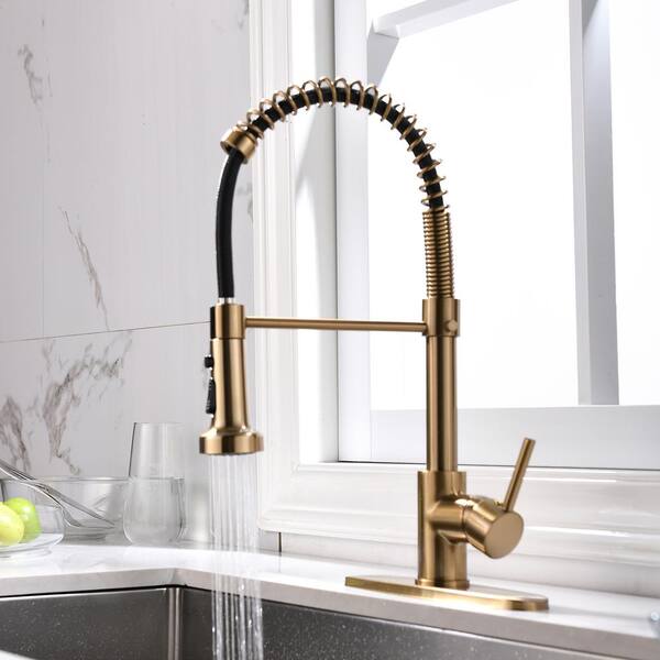 Fapully Commercial Single-Handle Pull-Down Sprayer Kitchen Faucet with 3-Function Spray Head in Brushed Gold with Deck Plate