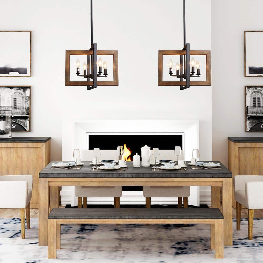 Rustic Wood & Iron 4-Light Black Candelabra Pendant Chandelier