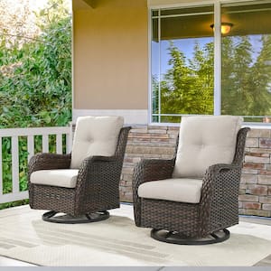 Earlo Brown Wicker PE Rattan Outdoor Swivel Rocker Patio Chairs with Olefin Beige Cushions (2-Pack)