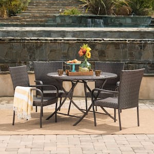 Kenley Multi-Brown 5-Piece Faux Rattan Round Outdoor Patio Dining Set with Foldable Table and Stacking Chairs