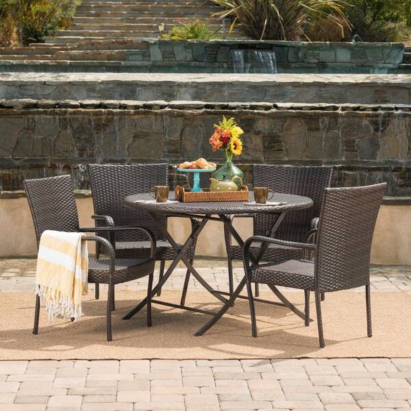 Noble House Kenley Multi-Brown 5-Piece Faux Rattan Round Outdoor Dining Set with Foldable Table and Stacking Chairs