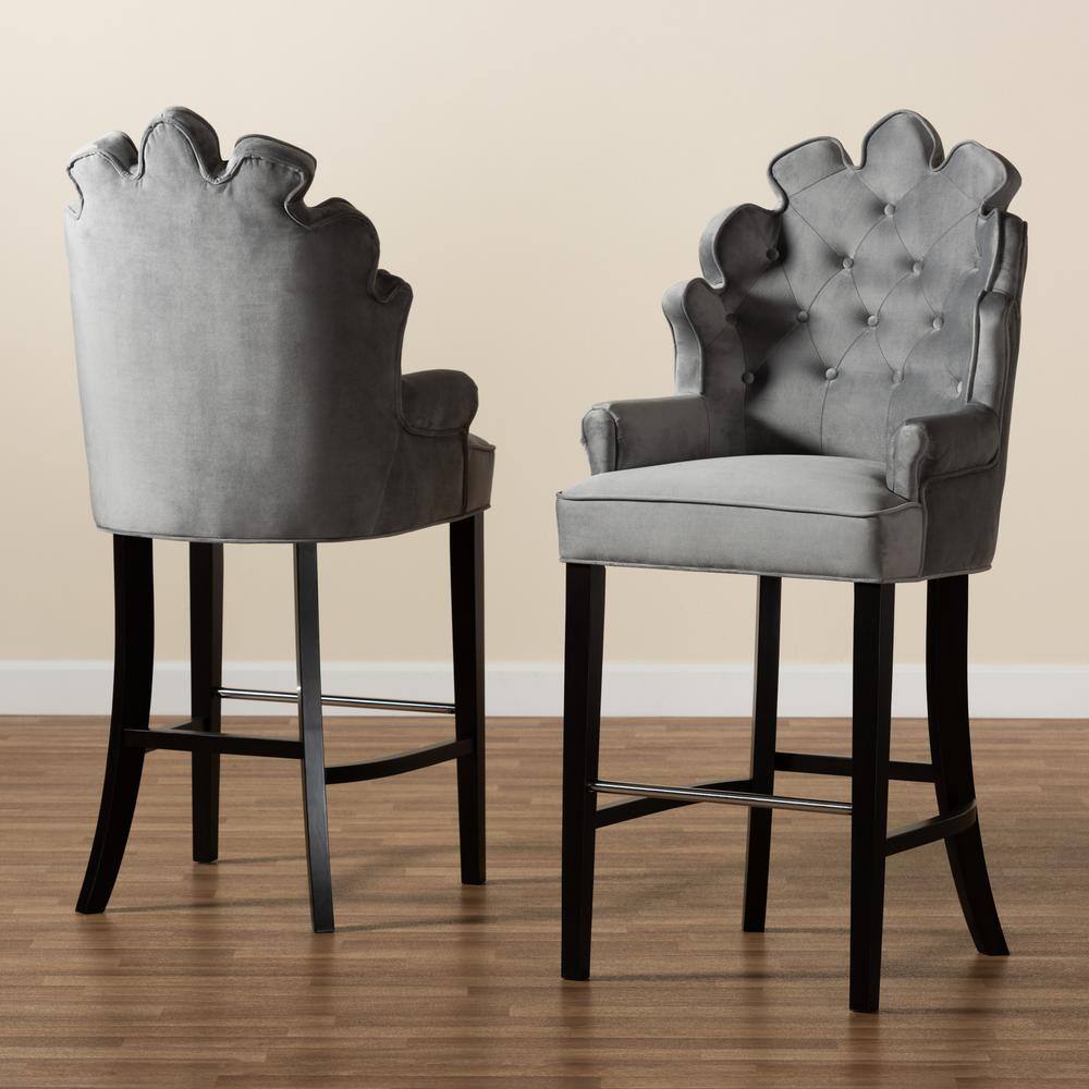 Chloe Dark Grey Velvet and Wood Barstool Set