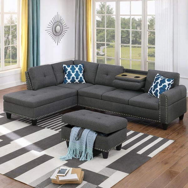 98 in. Linen L-Shaped 3-Piece Cup Holders Chaise Lounge Sectional Sofa with Pillows and Storage Ottoman in. Dark Gray