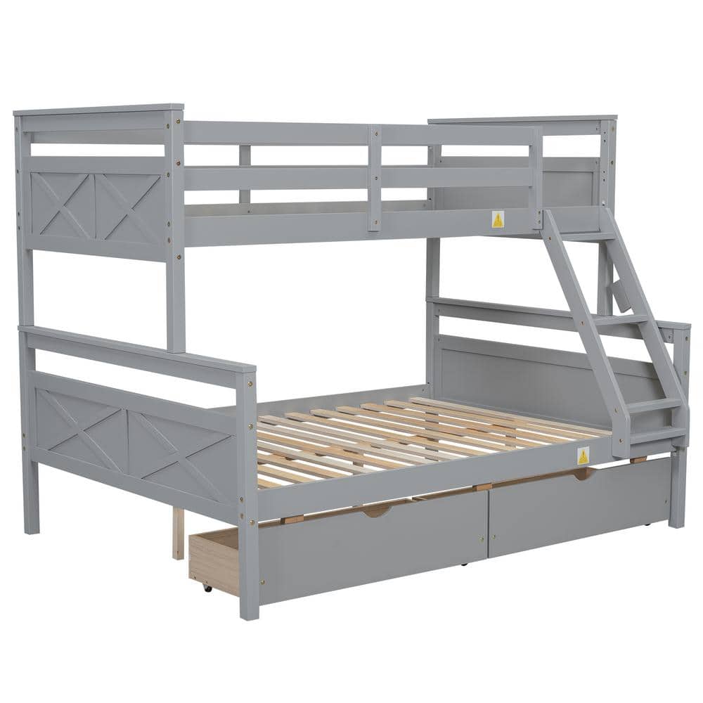 Gray Twin Over Full Pine Wood Bunk Bed with Storage Drawers
