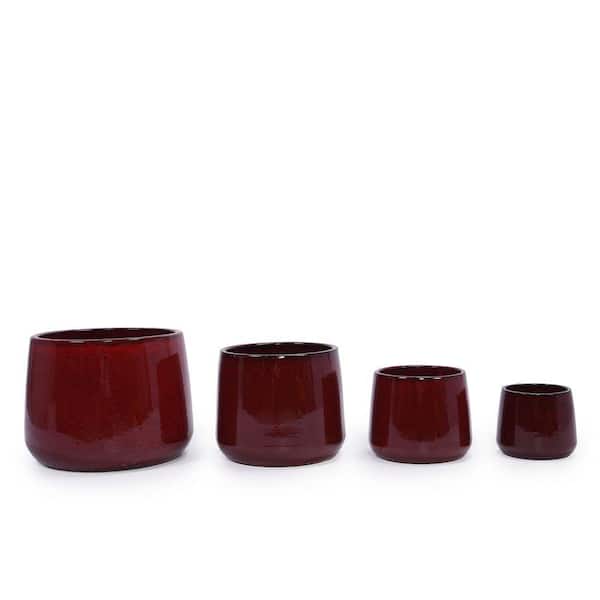 4 Pieces Bean Paste Red Ceramic Planter Pot, Modern Indoor Outdoor Flowerpot for Patio, Garden, or Windowsills
