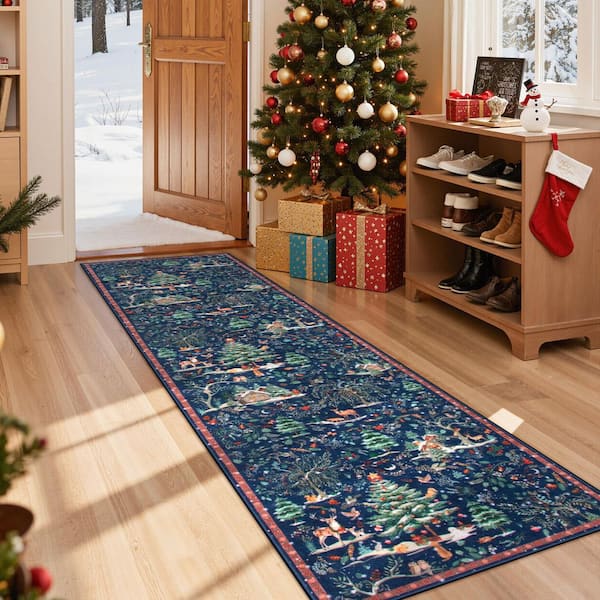 Christmas Woodland Forest Blue Trees Animals Snowflake Non-Slip 2 ft. x 8 ft. Living Room/Bedroom Indoor Runner Rug