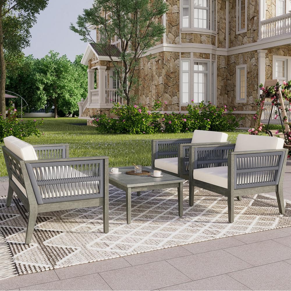 4 Piece Wood Outdoor Patio Conversation Set with White Cushions, Patio Conv