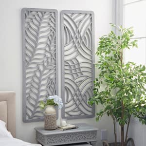 Wood Light Gray Handmade Intricately Carved Leaf Wall Decor (Set of 2)