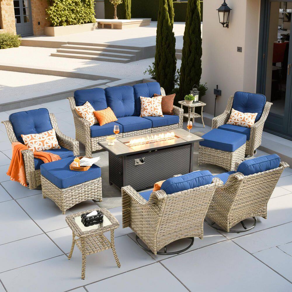 Eureka 10-Piece Wicker Patio Conversation Sofa Swivel Chair Set with Metal Fire Pit Table and Navy Blue Cushions price history on PriceWatchPro