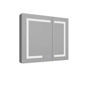 30 in. W x 26 in. H Rectangular Silver Aluminum Recessed/Surface Mount Medicine Cabinet with Mirror and LED