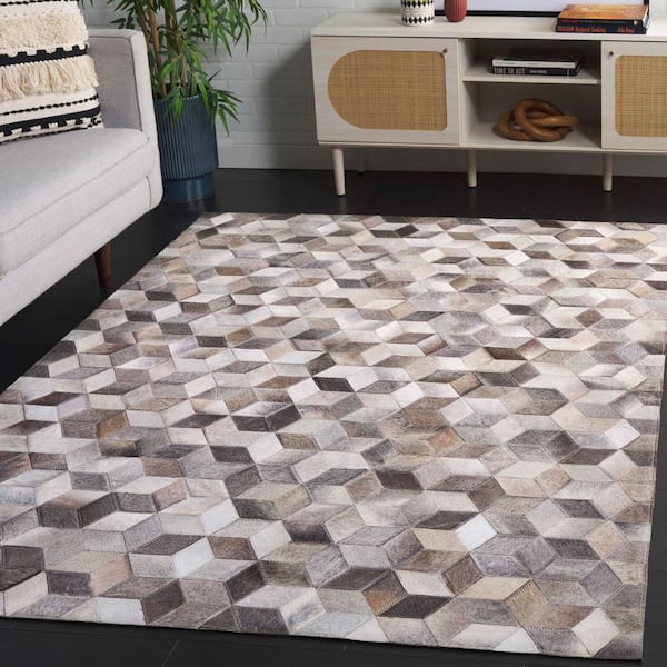 Studio Leather 3 ft. x 5 ft. Gray/Light Brown Hexagon Geometric Area Rug