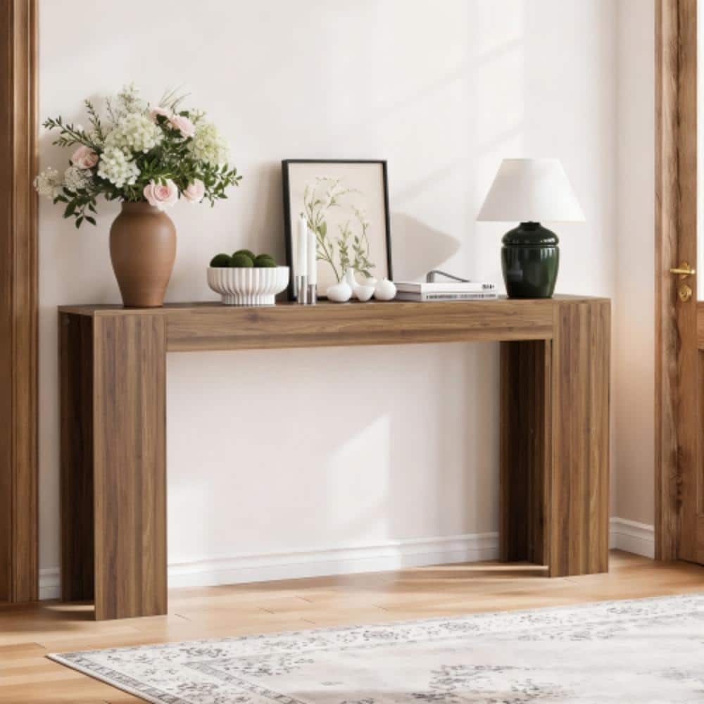 63" Farmhouse Console Table, Walnut Sofa Table for Living Room, Extra-Long Entryway Table for Hallway