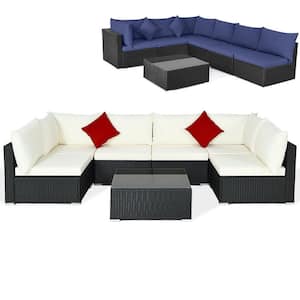 7-Piece Rattan Patio Conversation Sectional Furniture Set w/White/Navy Cushion Pillow