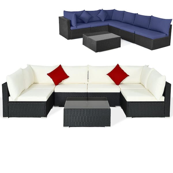 Gymax 7-Piece Rattan Patio Conversation Sectional Furniture Set w/White/Navy Cushion Pillow