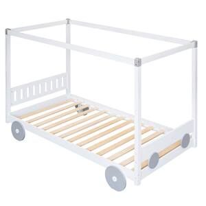 Canopy Car-Shaped White Twin Size Wood Platform Bed