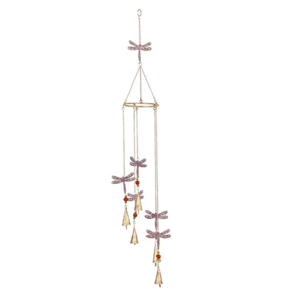 Litton Lane 39 in. Gold Metal Dragonfly Indoor Outdoor Embellished Windchime with Glass Beads and Cone Bells