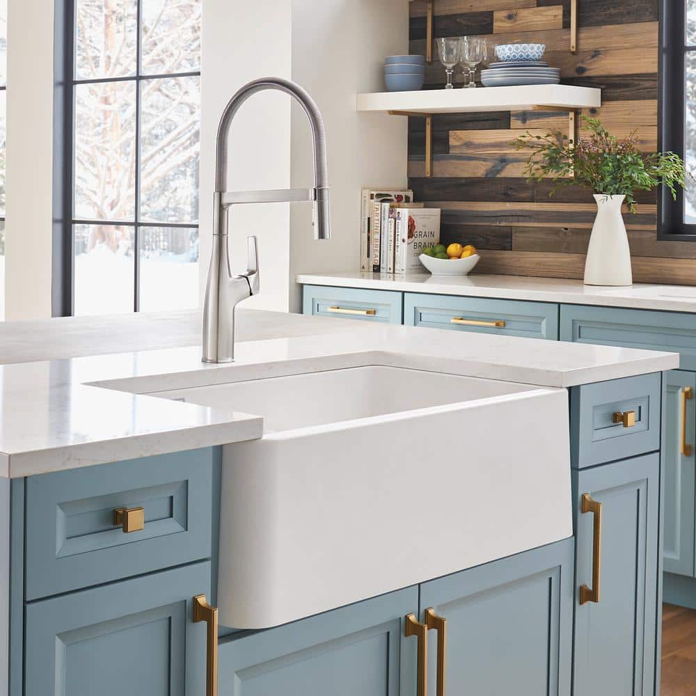 White Stone Double Bowl Farmhouse Kitchen Sink, 33-inch
