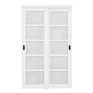 48 in. x 80 in. 5-Lite Tempered Frosted Glass Primed White MDF Interior Closet Sliding Door w/Black Handles and Hardware