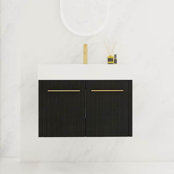 30 in. Single Sink Floating Black Bath Vanity with White Resin Top, Soft Closing Door Hinges