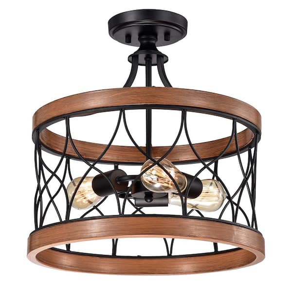 Edvivi 13 in. 3-Light Wood and Black Metal Semi Flush Mount Light Fixture with Wire Drum