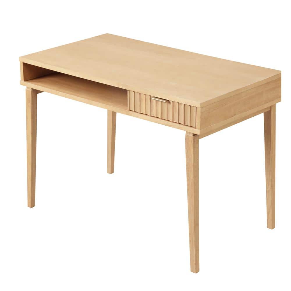 Natural Brown Wood Writing Desk with Drawer and Open Cubby