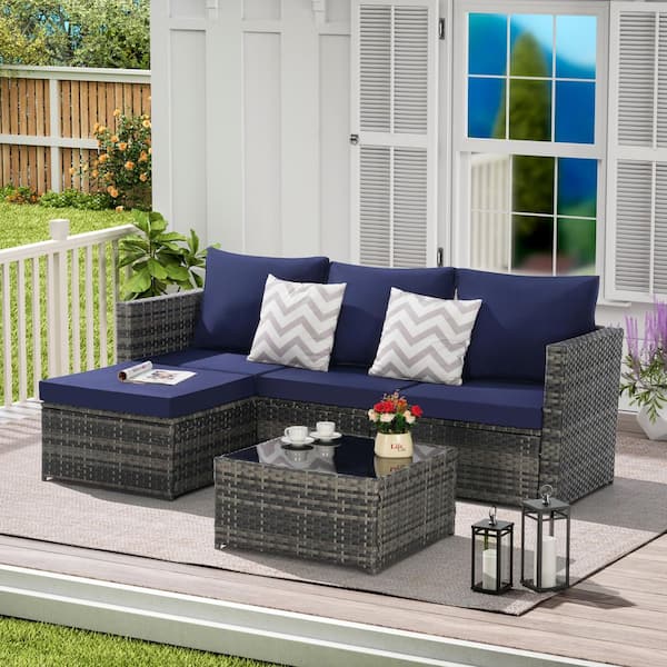 OLUMAT 2-Piece Wicker L-Shaped Outdoor Sectional Sofa Set with Dark Blue Cushions and Coffee Table