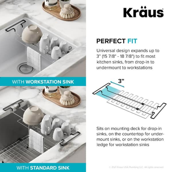 Kraus KCD-1 15.87 to 18.87 in. Multipurpose Stainless Steel Kitchen Sink Drying Rack - Sponge Holder, Sink Caddy with Towel Bar