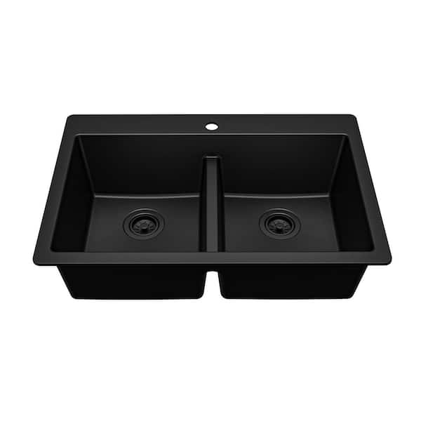 Black Quartz 33 in. 50/50 Double Bowl Composite Drop-in Kitchen Sink