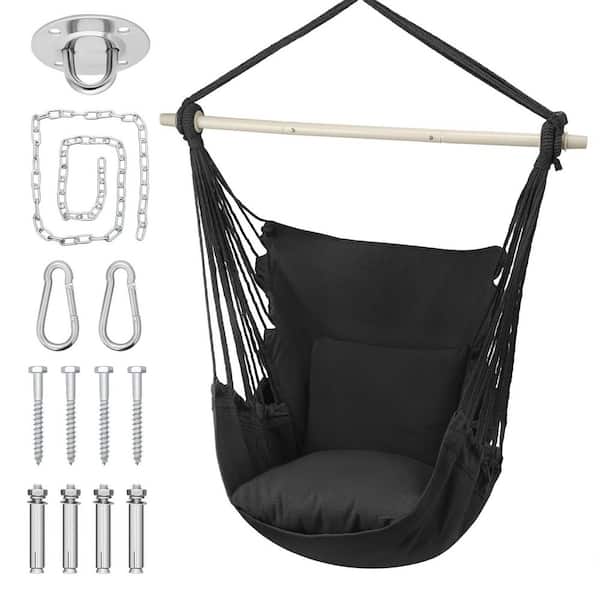 Black Cotton Rope Swing Hammock Chair with Fixed Kit and Cushion