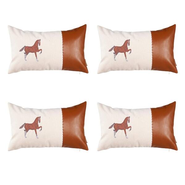 MIKE & Co. NEW YORK Boho Embroidered Horse Set of 4 Throw Pillow 12" x 20" Vegan Faux Leather Solid  Beige & Brown Lumbar for Couch, Bedding
