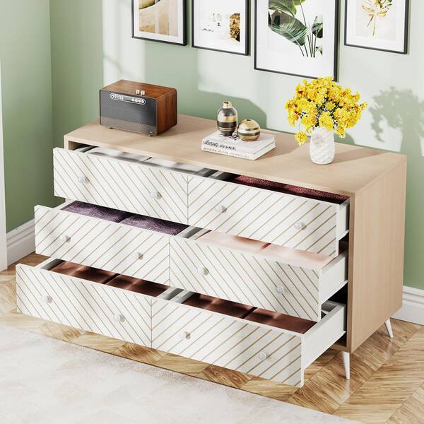 Helotes Walnut and White 6 Drawers 55 in. W Chest of Drawers Modern Accent Dresser with 6 Lager Drawers and Metal Legs
