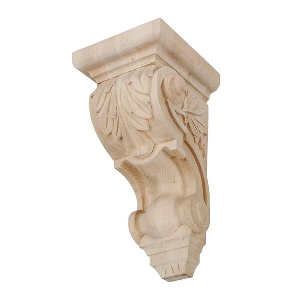 American Pro Decor 10 in. x 4-3/4 in. x 5-3/8 in. Unfinished Small Hand Carved North American Solid Hard Maple Acanthus Leaf Wood Corbel
