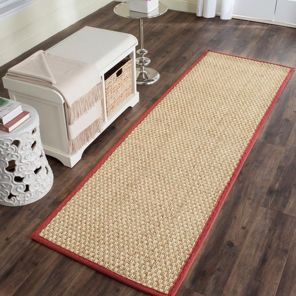 Natural Fiber Natural/Red 3 ft. x 16 ft. Border Woven Runner Rug
