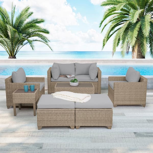 TK CLASSICS Maui 8-Piece Wicker Patio Conversation Set with Stone Cushions
