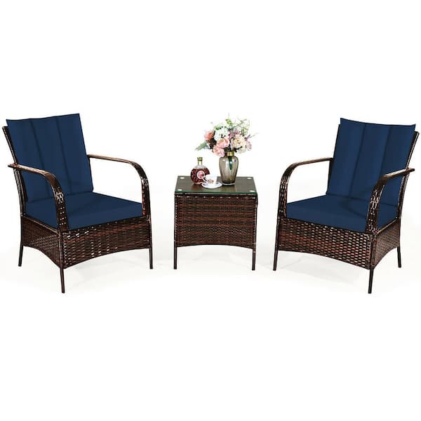 Costway 3-Piece Wicker Patio Conversation Set with Navy Cushions Plus Curved Armrest