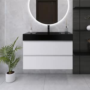 36 in. W x 18 in. D x 25 in. H Single Sink Wall Mounted Bath Vanity in White with Black Quartz Sand Top