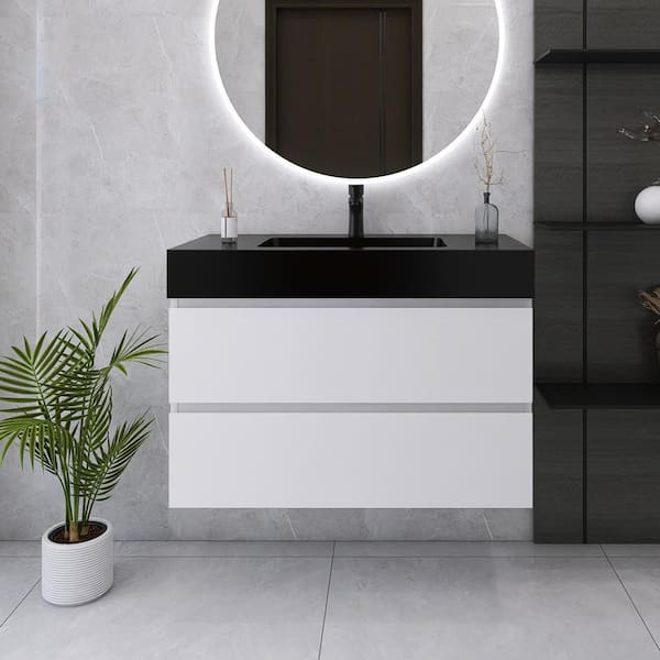Unbranded 36 in. W x 18 in. D x 25 in. H Single Sink Wall Mounted Bath Vanity in White with Black Quartz Sand Top