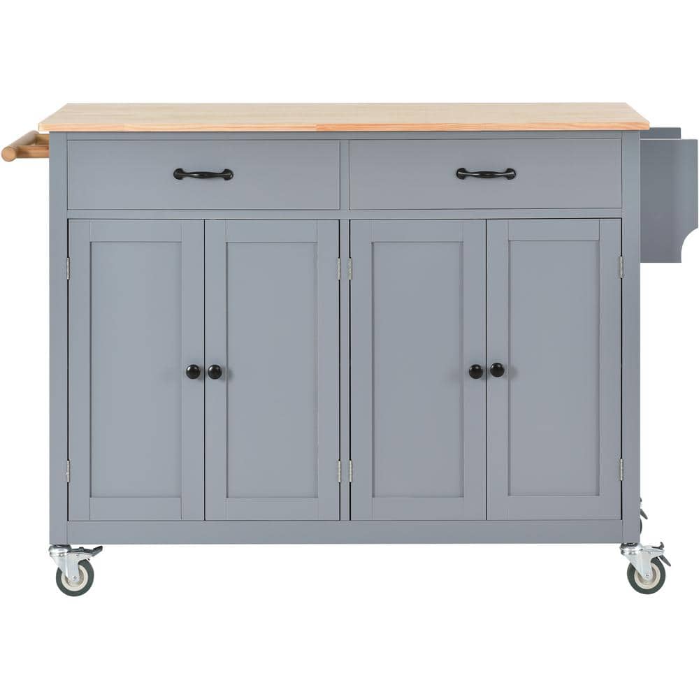 Grey Blue Solid Wood Kitchen Cart with 2-Locking Wheels, Spice and Towel Ra