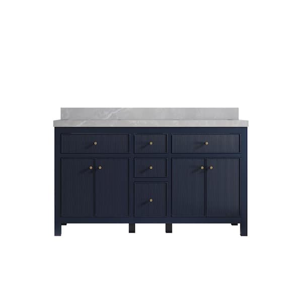 Willow Collections Sonoma 60 in. Double Sink Freestanding Navy Blue Bath Vanity with Pearl Gray Qt. Top Unassembled