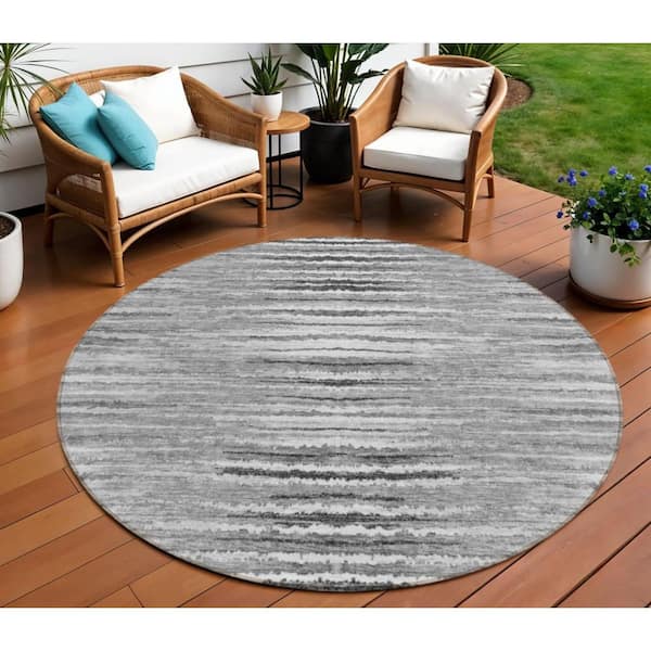 Silver, Gray, Charcoal 8 ft. Round Woven Striped Polyester Round Indoor/Outdoor Area Rug