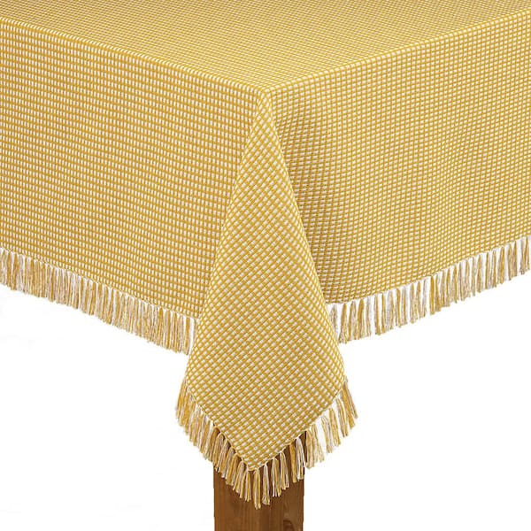Lintex Homespun Fringed 60 in. x 84 in. GoldCheckered 100% Cotton Tablecloth