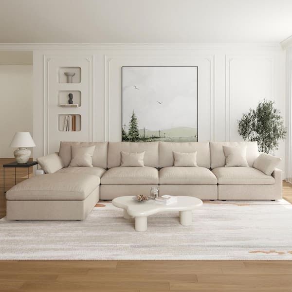 J&E Home 155.9 in. 5-Piece Linen Modular Free Combination Sectional Sofa with Removeble Ottoman and Covers Brown 5-Seater